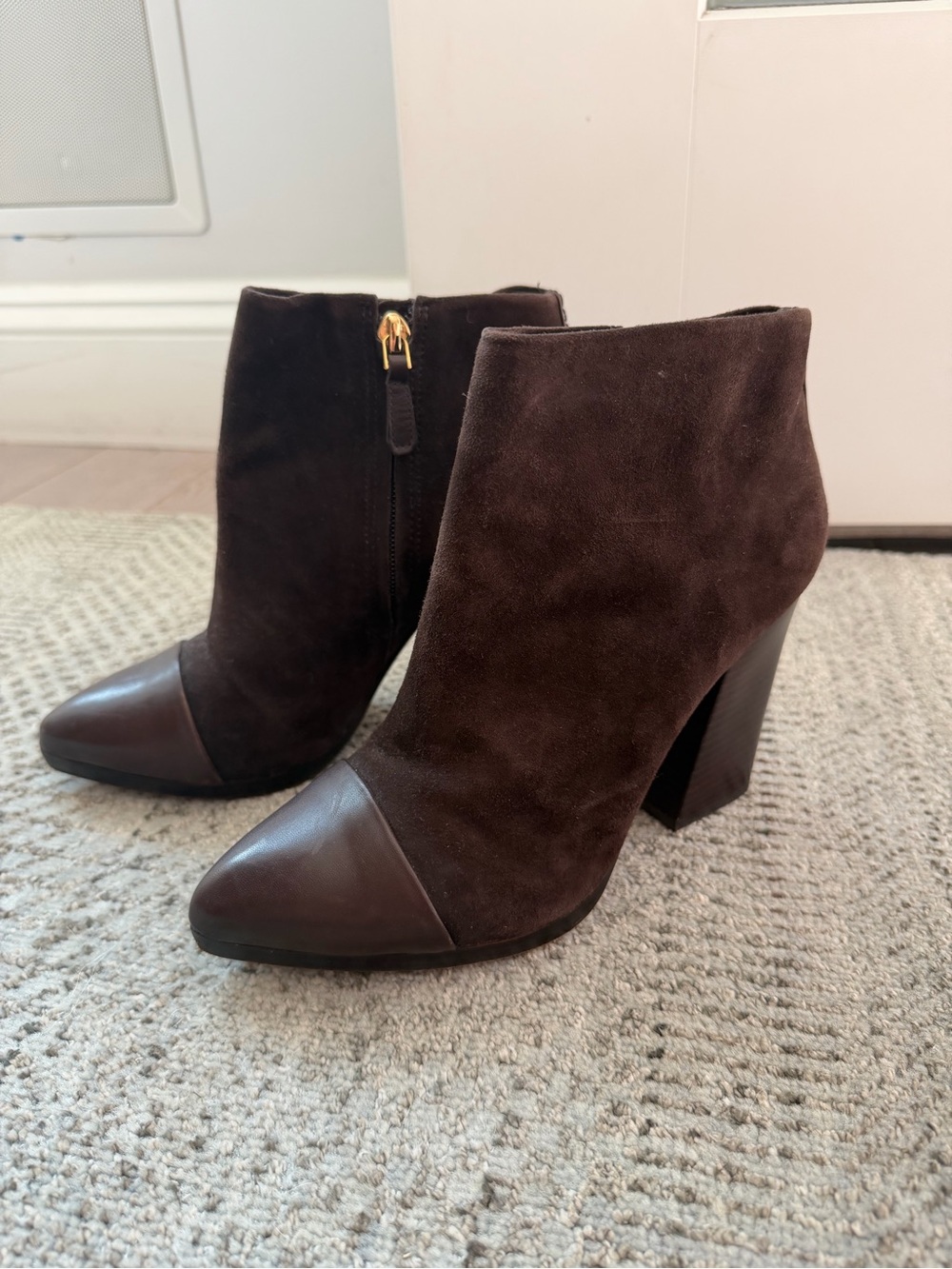 Tory Burch Dark Brown Suede & Leather Cap-Toe Ankle Booties